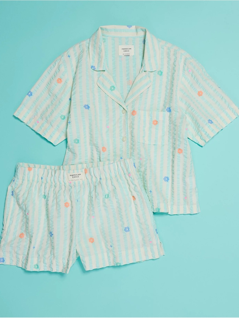 American Eagle Outfitters x Bubble Mint Stripe Floral Short Pajama Matching Set